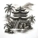 A mystical scene of a Balinese temple nestled in the mountains, with the sea in the background and coconut trees lining the shore tattoo design idea