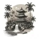 A mystical scene of a Balinese temple nestled in the mountains, with the sea in the background and coconut trees lining the shore tattoo design idea