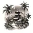 A mystical scene of a Balinese temple nestled in the mountains, with the sea in the background and coconut trees lining the shore tattoo design idea