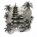 A mystical scene of a Balinese temple nestled in the mountains, with the sea in the background and coconut trees lining the shore tattoo design idea