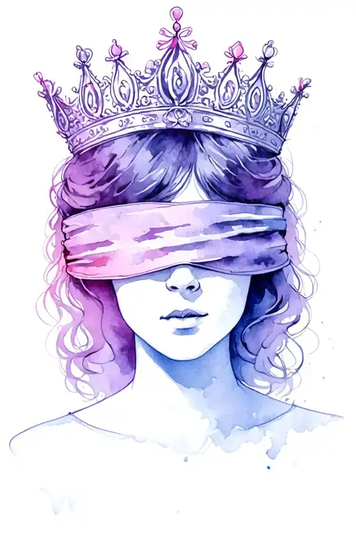 A blind queen with dark ginger hair wearing a blindfold covering her eyes and a crown tattoo design idea