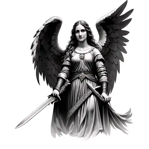Joan of arc as an angel with her sword. realistic  tattoo design idea
