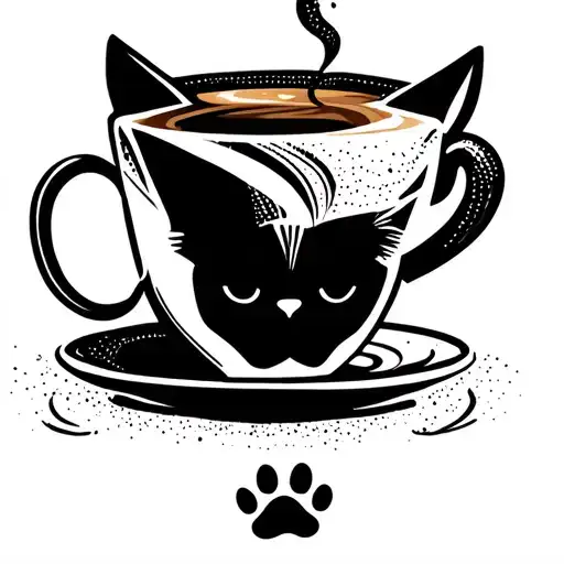 A geometric tattoo design of a coffee cup with a playful cat silhouette and a dog paw print, symbolizing your love for coffee and pets tattoo design idea