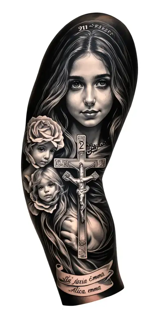 full arm sleeve, rosary, family names alicia, jaxon, emma with number 21 and initials SP tattoo design idea