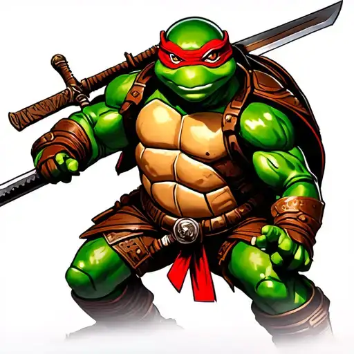 muscular ninja turtle in full battle armor wielding a sword tattoo design idea