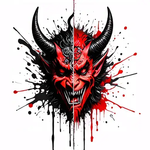 demon oni mask split in half tattoo design idea