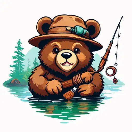cute bear fishing woodwork tools tattoo design idea