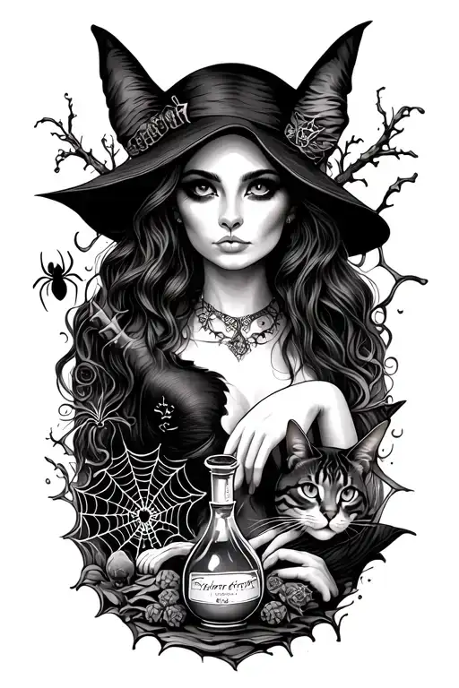 Full arm sleeve no color of themed witch stuff like bones, potions, cats, spiders, webs tattoo design idea