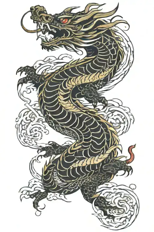  a full sleeve tatoo of a japanese dragon with some samurai masks tattoo design idea