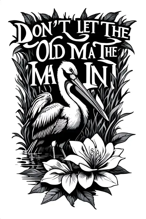 "Don't Let The Old Man In" swamp background with a pelican, cardinal and magnolia flower tattoo design idea