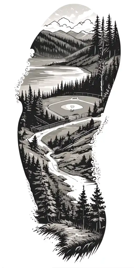 A baseball diamond nestled within a lush forest scene, with hiking trails and trees with a lake  tattoo design idea
