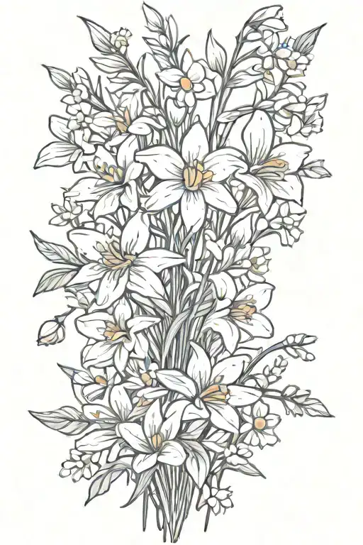 daisies and daffodils with cherry blossoms, snow drops, violets, greenery stems bouquet  tattoo design idea