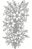 daisies and daffodils with cherry blossoms, snow drops, violets, greenery stems bouquet  tattoo design idea