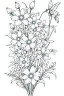 daisies and daffodils with cherry blossoms, snow drops, violets, greenery stems bouquet  tattoo design idea