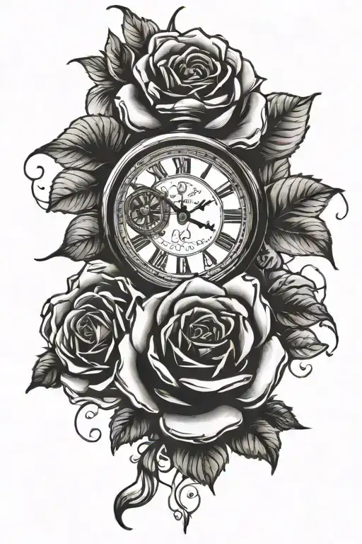 roses with a clock  tattoo design idea