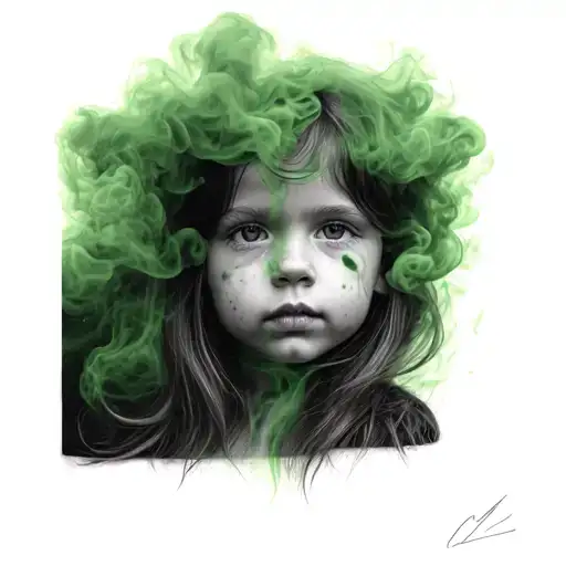 My girl's photo with the background of the smoke in green graphite tattoo design idea