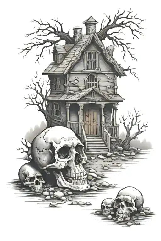 Haunted house graveyard with a skull and thumbstones tattoo design idea