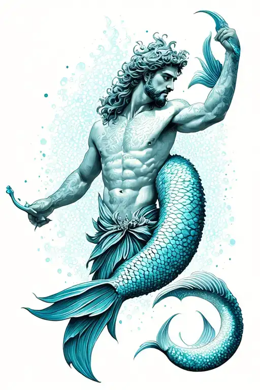 Poseidon, involving a single merman and the heavy use of turquoise and blues  tattoo design idea