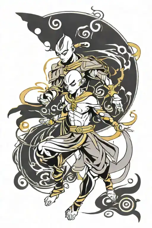 tui and La from avatar legend of aang in and yan colora black qnd gold tattoo design idea