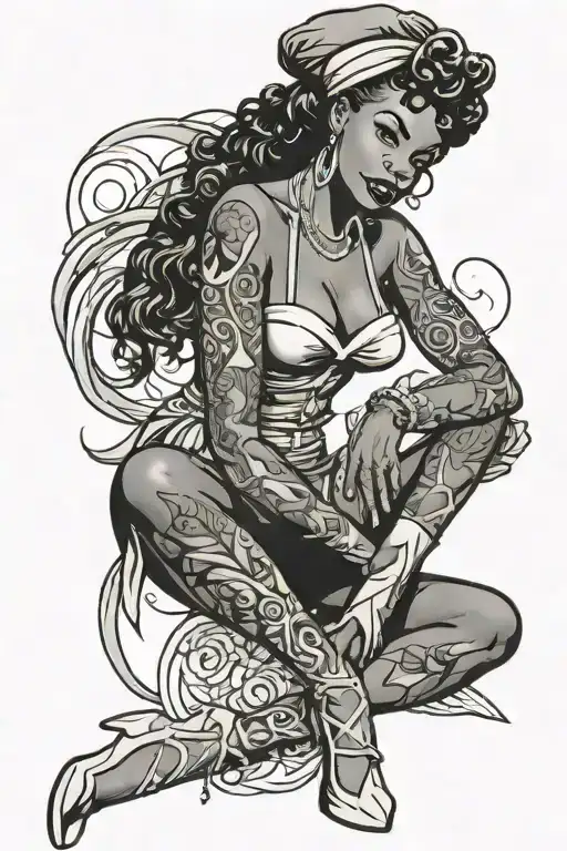 african american pinup girl sitting tattoo design idea