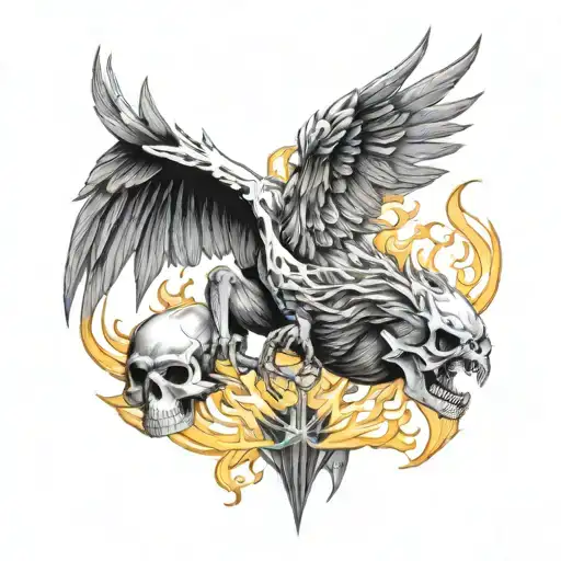 flying griphon soaring with 3 skulls on fire rising tattoo design idea