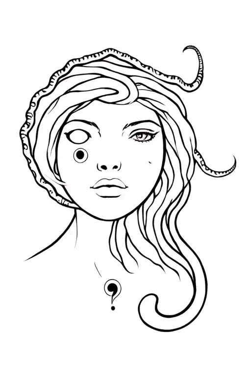 medusa with a semicolon on her cheek and one of the snakes in her hair forming the neda symbol tattoo design idea