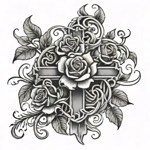 cross with vines and two roses intertwined tattoo design idea