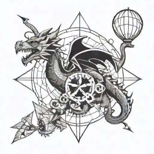 cartoon dragon, compass, balloon, pinwheel, arrow, sleeve tattoo design idea