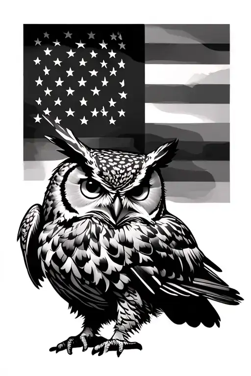 great horned owl and american flag tattoo design idea