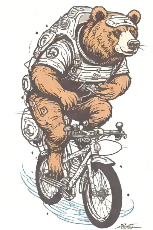 bear riding a bicycling in outer space tattoo design idea