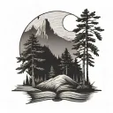 evergreen trees, mountains, book open, moon tattoo design idea