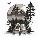 evergreen trees, mountains, book open, moon tattoo design idea