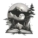 evergreen trees, mountains, book open, moon tattoo design idea