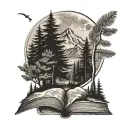 evergreen trees, mountains, book open, moon tattoo design idea