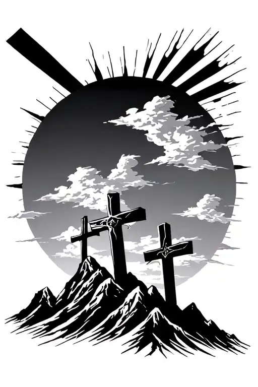 3 crosses on mountain with sun rays and clouds floating tattoo design idea