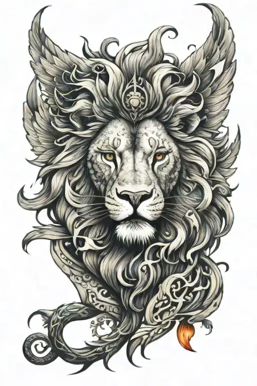 a full lion tattoo with phoenix wings on its back, add a dragon tail  tattoo design idea