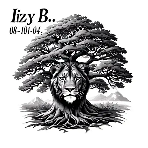 "Izzy B... 08-10-07.   05-14-24" Tree, Leo zodiac sign tattoo design idea