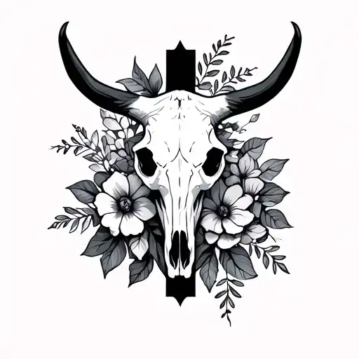 flower cross and cow skull tattoo design idea