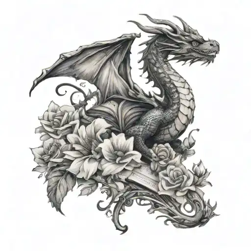 Can you design black and white upper thigh tattoo of a dragon lay on a bed of flowers and book pages tattoo design idea