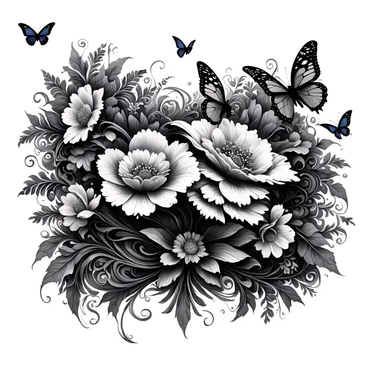 swirling pattern with flowers and butterflies flying to cover breast implant scars  tattoo design idea