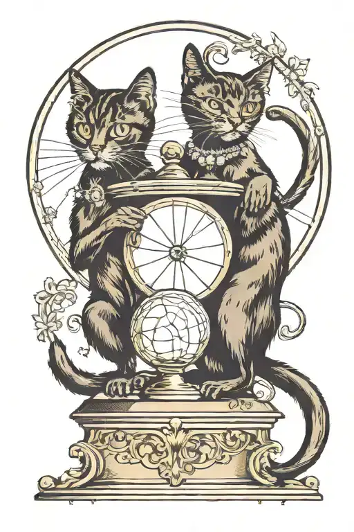 2 headed black traditional cat with 2 tails standing tall on a crystal ball and swatting at the air tattoo design idea
