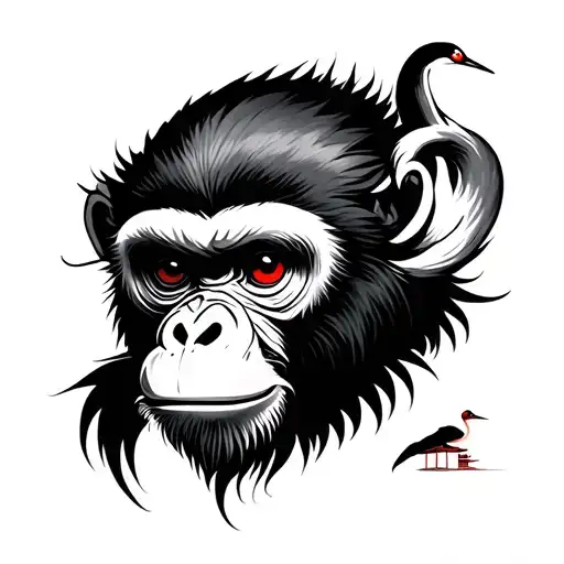 japanese monkey, cranes and temple tattoo design idea