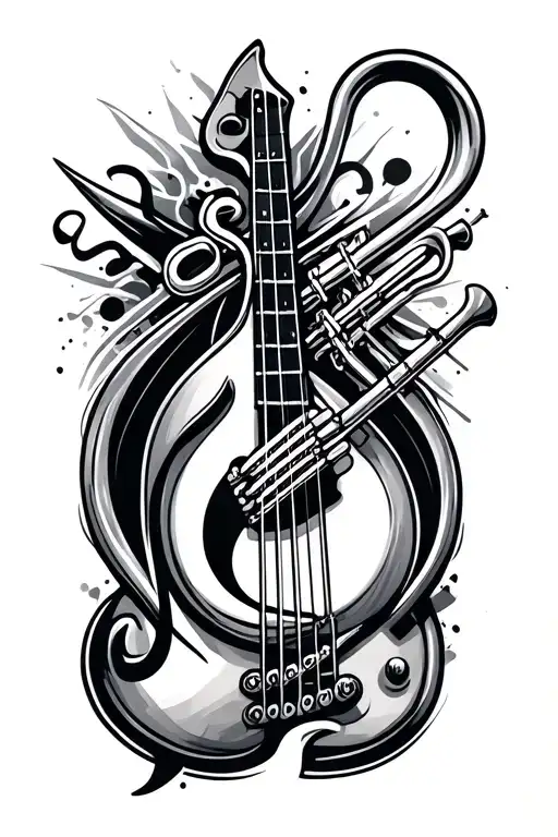 Bass Clef bass guitar with trombone tattoo design idea