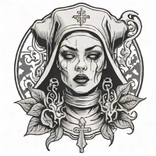 Headshot black and white drawing of a cool young gothic nun with tattoos blowing smoke out of her mouth tattoo design idea