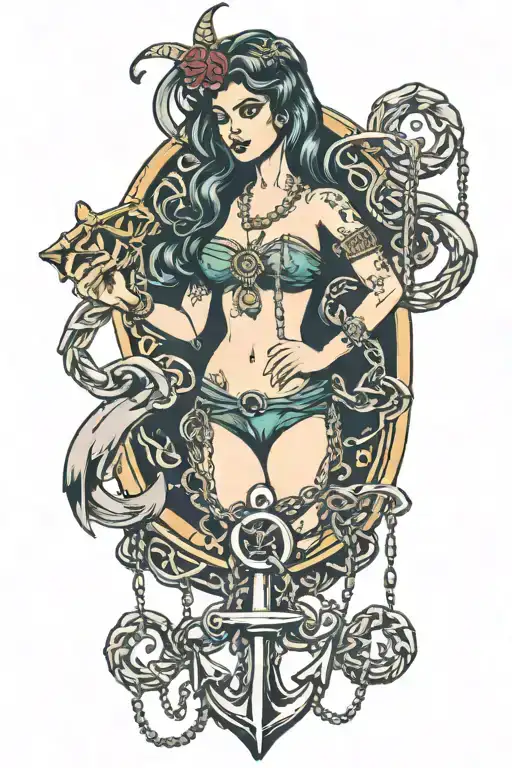 a siren holding a chain attached to an anchor  tattoo design idea