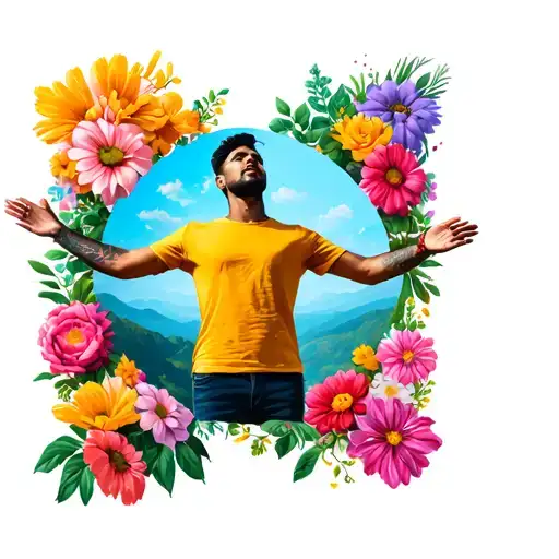 "A man wearing a t-shirt standing with open arms, looking into the distance with hope. Surrounding him are flowers tattoo design idea