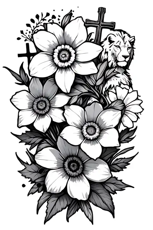 intertwined flowers. daffodil, daisy, morning glory and cosmos. add crosses and a lion overlooking tattoo design idea