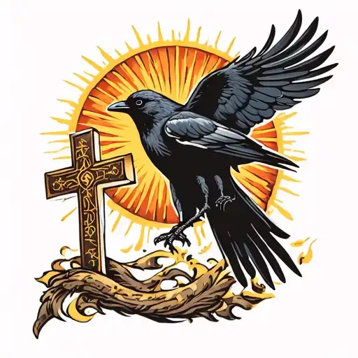 Crow outstretched in front of the blazing hot sun carrying the orthodox cross tattoo design idea