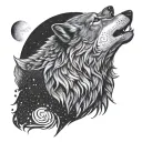 An intricate dotwork design of a wolf howling at the moon, representing courage and strength tattoo design idea