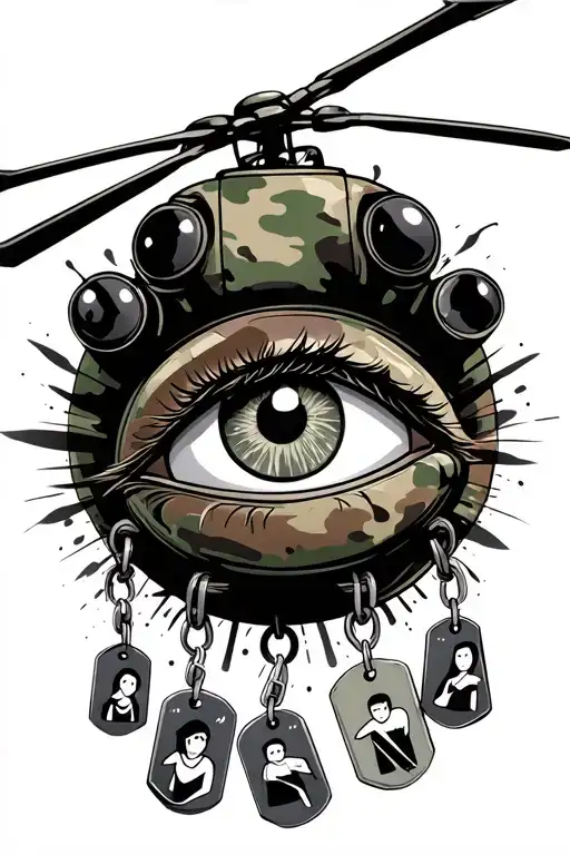 army camo with helicopter with hanging dog tags add an big eye on my shoulder and add something with 4 family members tattoo design idea